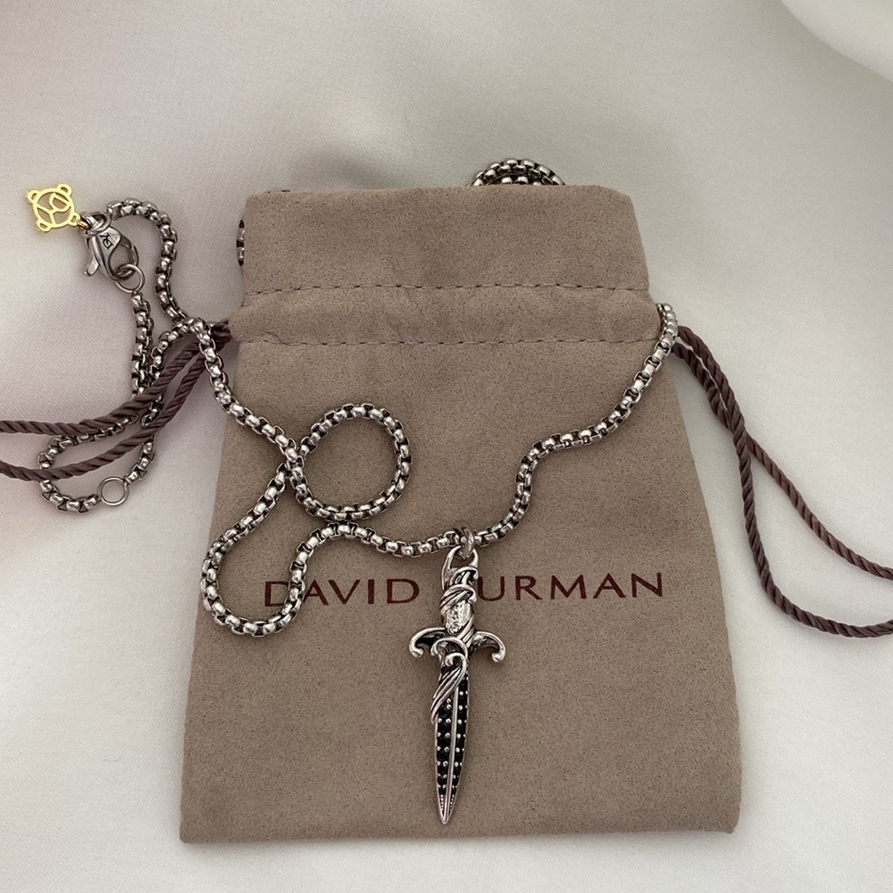 David Yurman Waves Dagger Amulet Pendant in Sterling Silver with Black Diamonds